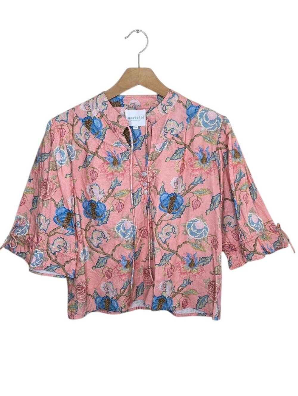 Marigold by Victoria Dunn Pink Blue Green Floral 3/4 Tie Sleeve Top Size XS